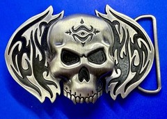 Skull with Flames Cutout Silver & Black Color Silver Moon Creations Belt Buckle