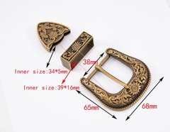 Western Belt Buckle Three Piece Set Antique Brass Floral Design Unisex 1 1/2&Prime;