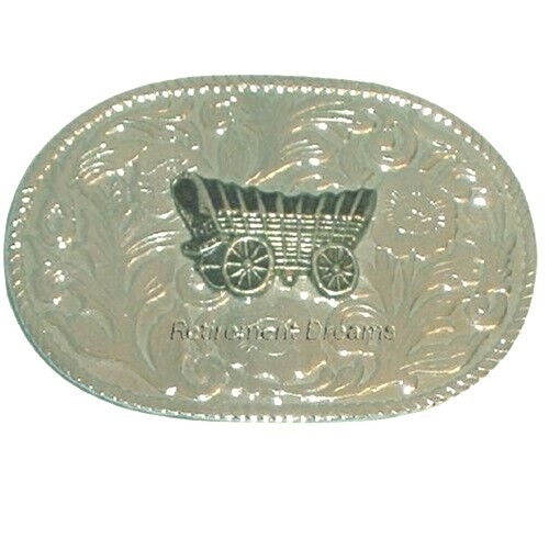 Metal Floral Belt Buckle Oval With Covered Wagon Rope Edge Design Western Motif