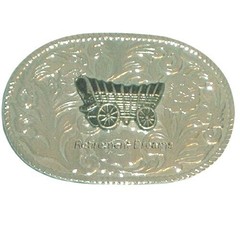 Metal Floral Belt Buckle Oval With Covered Wagon Rope Edge Design Western Motif