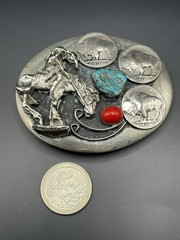 vintage HANDCRAFTED belt buckle BUFFALO NICKEL native american indian TURQUOISE