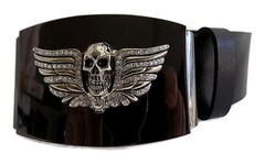 WASHED UP HOLLYWOOD 1.5&Prime; CRYSTAL SKULL #076BK PEWTER BELT BUCKLE on BLACK PLATE