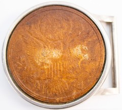 70s Round Tooled Leather American Eagle Great Seal Belt Buckle Chrome Frame