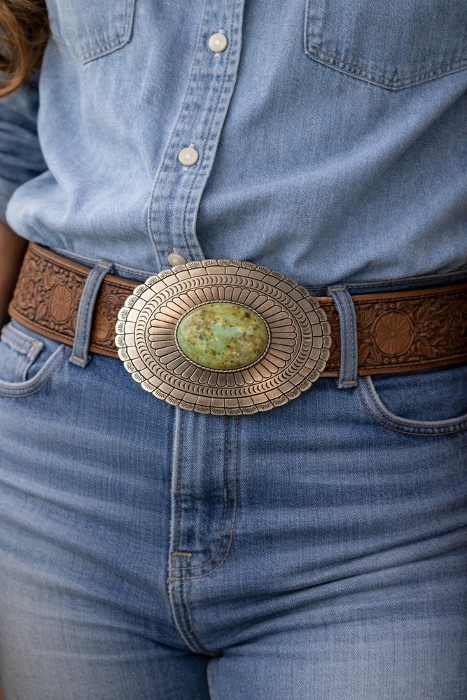 Teal Turquoise Stone Belt Buckle Silver Concho Fits 1.5 Inch Strap