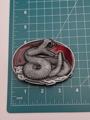 Rattlesnake Belt Buckle Coiled Snake Red Enamel Pewter Tone Western