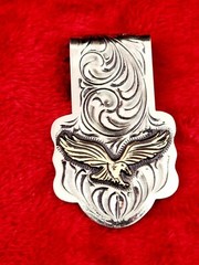 EAGLE EMBLEM~HAND ENGRAVED MONEY CLIP $ GERMAN SILVER & JEWLERS BRONZE