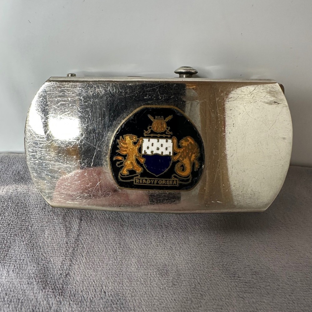 Vintage US Navy Belt Buckle Ready For Sea Enamel Crest Silver Tone Japan