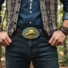 Men Antique Gold Metal Western Belt Buckle Cowboy Hat Turquoise Blue Color Beads