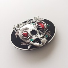 Vintage Oval Tattoo Rose Flower Skull Wedding Belt Buckle