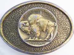 Vtg Brass Buffalo Nickel Bison Hammered Oval Belt Buckle Five Cents Western 70s