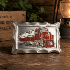 Burlington Route Train Belt Buckle Red Diesel Locomotive Silver Tone Railroad