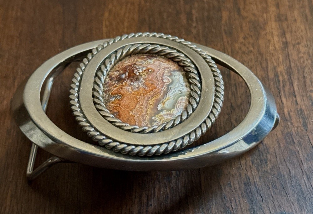 Handmade Lace Agate Belt Buckle Vintage Southwestern Studio Craft Artisan
