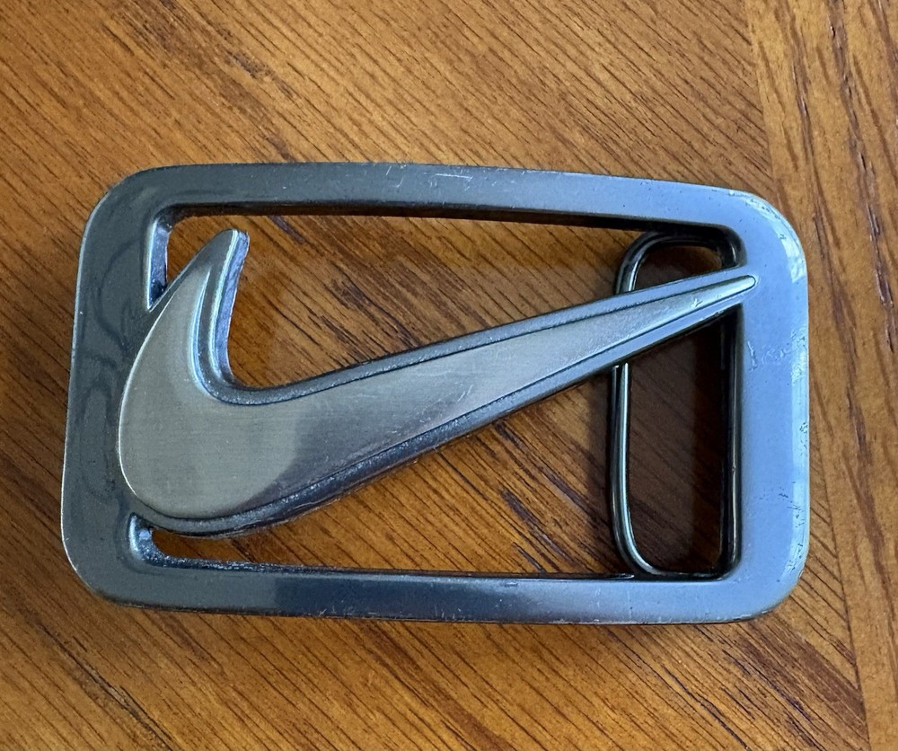 Nike Swoosh Logo Silver Metal Rectangular Frame Belt Buckle