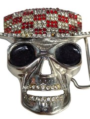 « FL&B » Scull Top Hat Belt Buckle Sliver Red Rhinestone