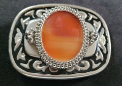 ORANGE POLISHED STONE WESTERN BLACK & SILVER TONED BELT BUCKLE