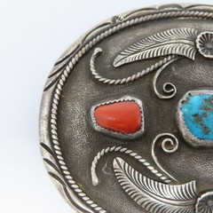 Al Joe Navajo Sterling Silver Turquoise Coral Belt Buckle Signed Artisan 76g