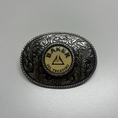 Baker Oil Treating Belt Buckle Vintage Western Floral Oval Silver Tone