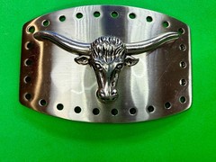 Longhorn Steer Skull Raised Silver Tone Large Belt Buckle With Hole Border