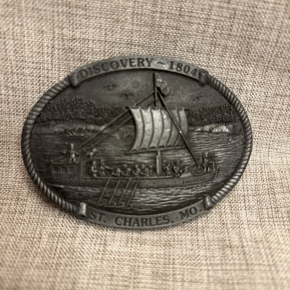 Belt Buckle Pewter￼DISCOVERY 1804 ST CHARLES MO Vera L Baty Artist
