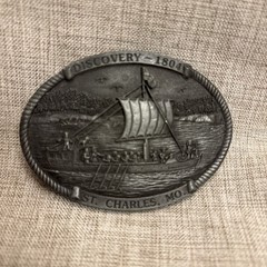 Belt Buckle Pewter￼DISCOVERY 1804 ST CHARLES MO Vera L Baty Artist