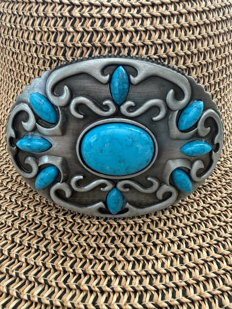 Antiqued Silver Oval Western Cowboy Turquoise Belt Buckle