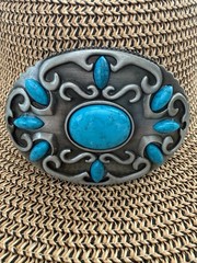 Antiqued Silver Oval Western Cowboy Turquoise Belt Buckle