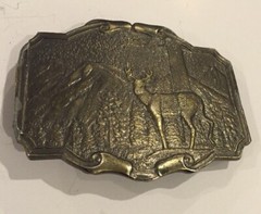Vintage JAMES LIND Deer in the WOODS Wyoming Studio Art Works BELT BUCKLE brass