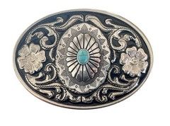 Turquoise Western Belt Buckle Engraved Silver Oval Cabochon Cowboy Rodeo Style