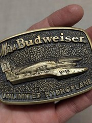 vintage USA made MISS BUDWEISER belt buckle UNLIMITED HYDROPLANE solid brass