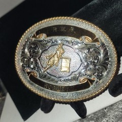 Western Barrel Racing Trophy Belt Buckle P.W.R. Rodney Two Tone Silver Gold Oval