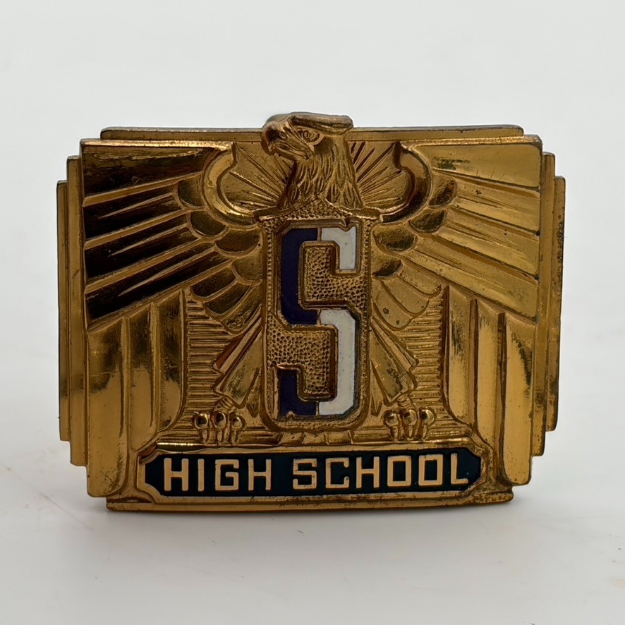 VTG 1940s Antique Gold Tone Belt Buckle « S » GIANT GRIP Eagle White Red Enamel
