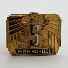 VTG 1940s Antique Gold Tone Belt Buckle « S » GIANT GRIP Eagle White Red Enamel