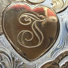 Crumrine Western Belt Buckle Cursive T Ruby Stone Silverplate Over Bronze Buckle