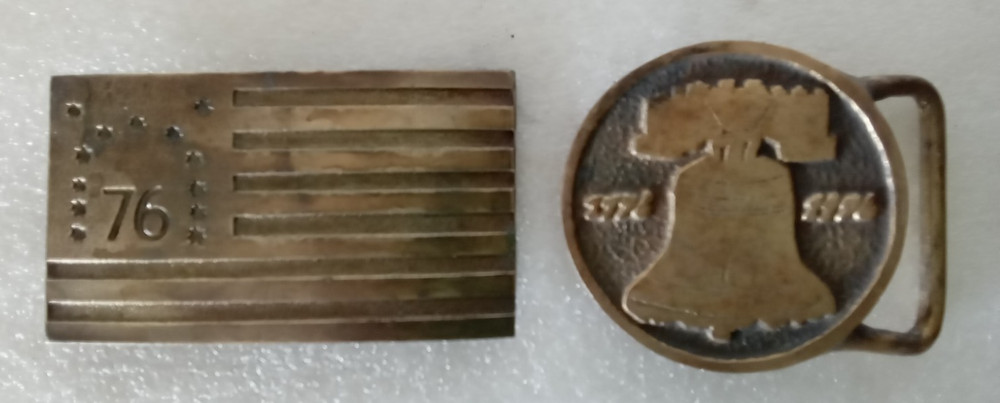 Vintage Brass Belt Buckles. Patriotic 1970&rsquo;s. Flag & Liberty Bell. Lot of 2.