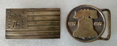 Vintage Brass Belt Buckles. Patriotic 1970&rsquo;s. Flag & Liberty Bell. Lot of 2.