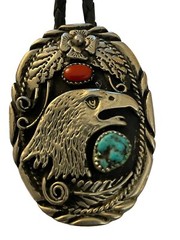 SSI Silver Turquoise Coral American Eagle Feathers Flower Belt Buckle & Bolo Tie