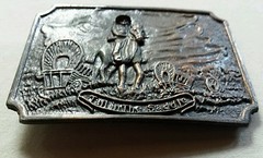 TALL IN THE SADDLE HORSE WESTERN SETTLER GOING WEST COVERED WAGON BELT BUCKLE