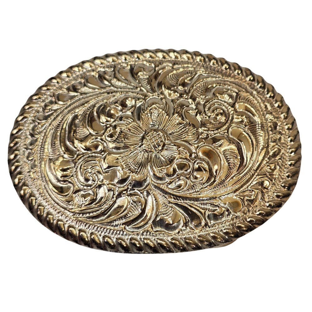 Vtg Crumrine El Arturo Bronze Western Belt Buckle Gold Floral Scroll Rope Edge
