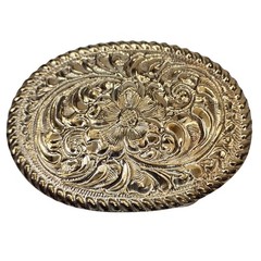 Vtg Crumrine El Arturo Bronze Western Belt Buckle Gold Floral Scroll Rope Edge