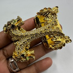 Double Dragon Rhinestone Ratchet Belt Buckle Gold Tone Automatic Slide