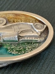 VINTAGE Belt Buckle PEWTER/ENAMEL Antique Convertible Car Fence Farm House 1984
