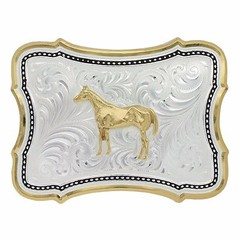 New! Montana Silversmiths STANDING HORSE BELT BUCKLE w/ silver 14K gold plated