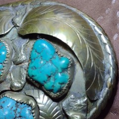 Vintage Native Made Men&rsquo;s Western Oval Silver Belt Buckle w/ Torquoise Stones