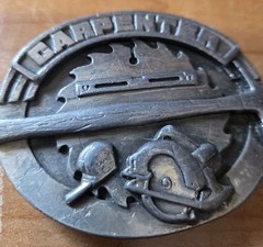 Siskiyou Carpenter Belt Buckle 1991 Pewter Hammer Saw Tape Measure Tool Design