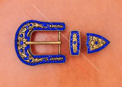 Brass Blue Crystal Rhinestone Western Floral Belt Buckle Set Fit 30MM Strap
