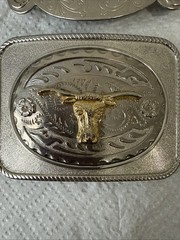 2 Lot Silver Tone Horse, Long Horn, Southwestern Mixed Metal Belt Buckles