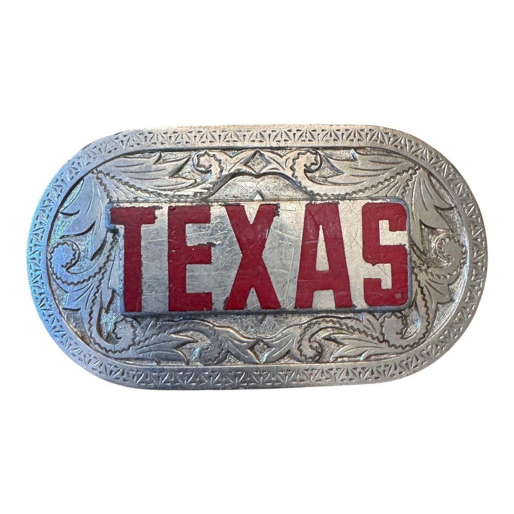 Vintage Texas State Western Cowboy Rodeo Belt Buckle Red Letter Silver Tone