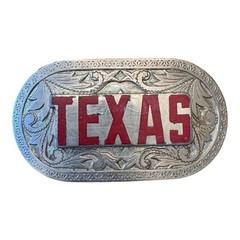 Vintage Texas State Western Cowboy Rodeo Belt Buckle Red Letter Silver Tone