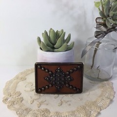 Brass Leather & Studs Belt Buckle~Brown/ Gold Handcrafted ~UNIQUE ~FREE SHIPPING
