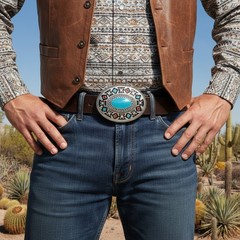 New Men Silver Metal Buckle Native Ethnic Aztec Style Oval Turquoise Blue Color